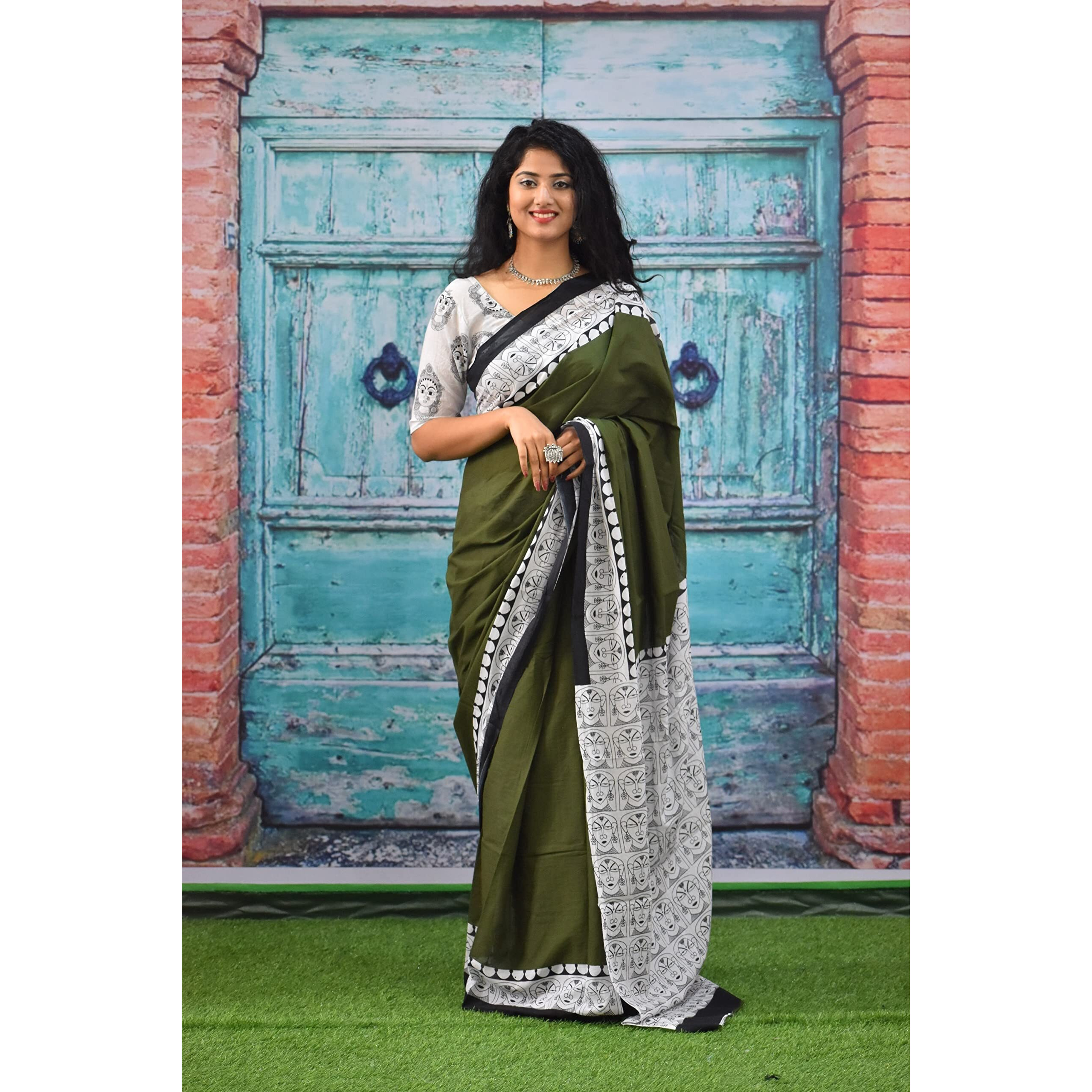 JALTHER Handicrafts Womens Ikat Hand Block Print Jaipuri Cotton Mulmul Saree with Blouse Piece - Green_369