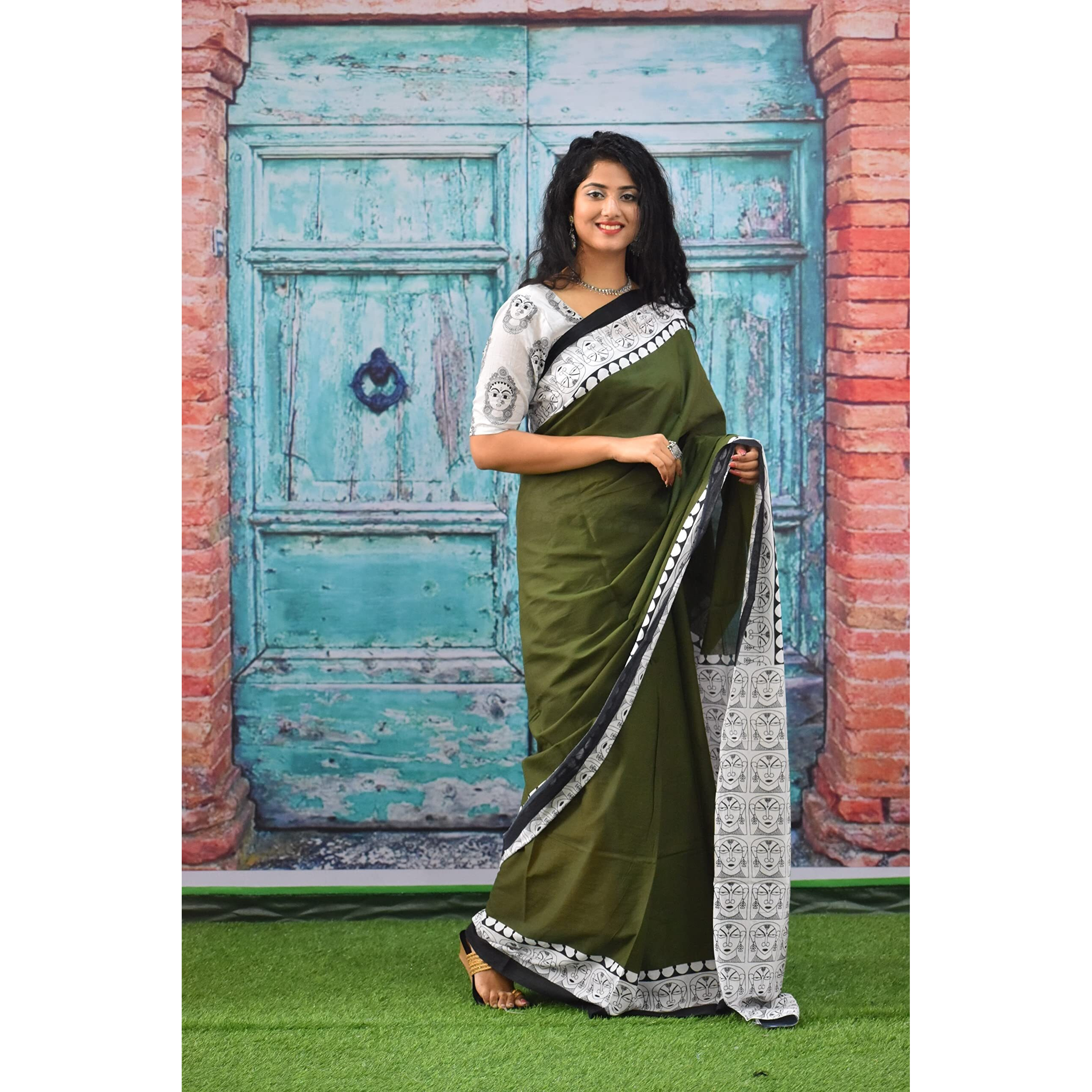 JALTHER Handicrafts Womens Ikat Hand Block Print Jaipuri Cotton Mulmul Saree with Blouse Piece - Green_369