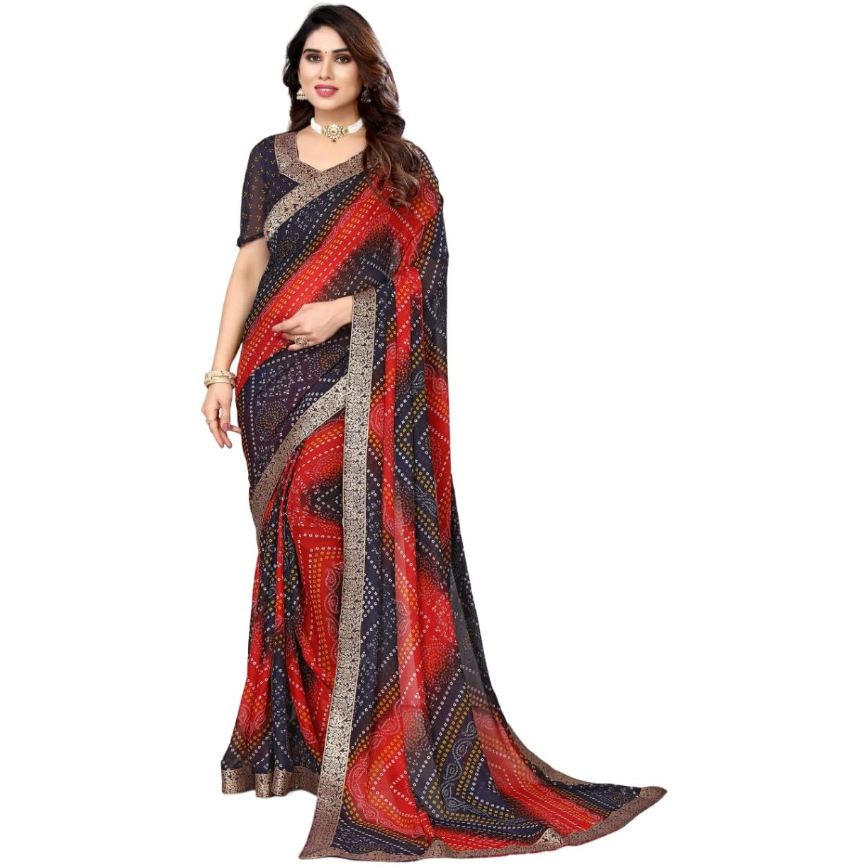 Yashika Womens Printed Trendy Georgette Navy Color With Lace Saree with Blouse Material(VERA NAVY)