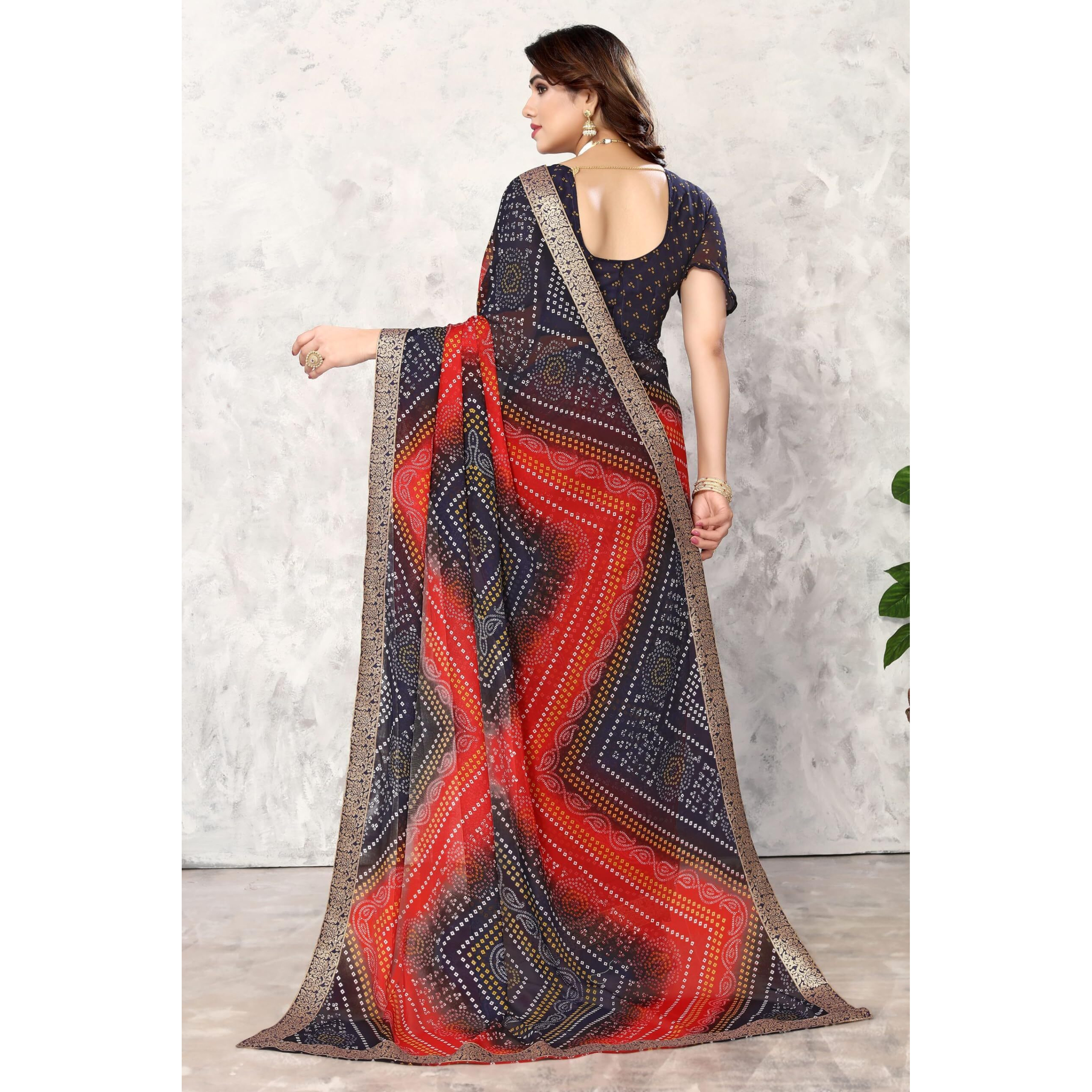 Yashika Womens Printed Trendy Georgette Navy Color With Lace Saree with Blouse Material(VERA NAVY)