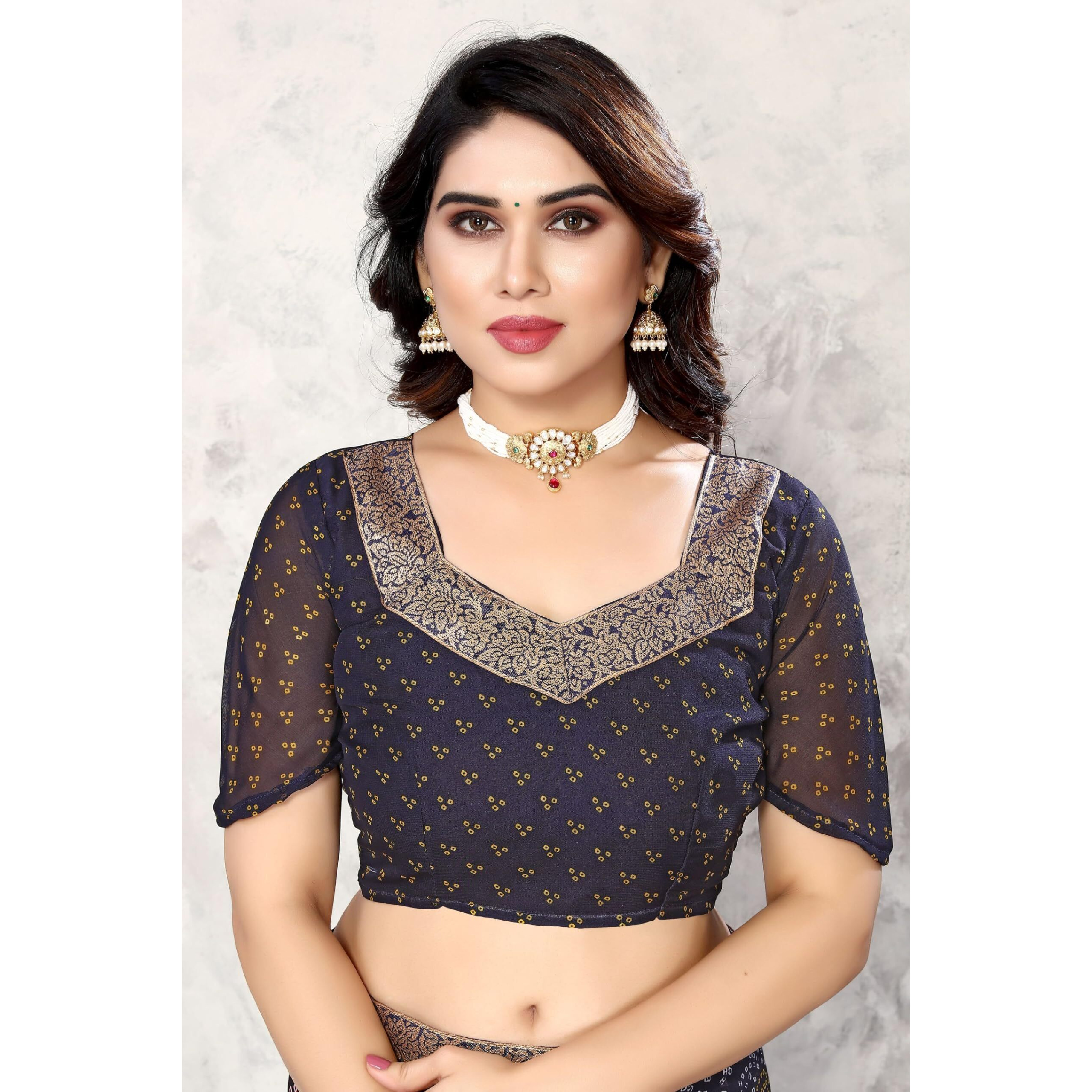Yashika Womens Printed Trendy Georgette Navy Color With Lace Saree with Blouse Material(VERA NAVY)