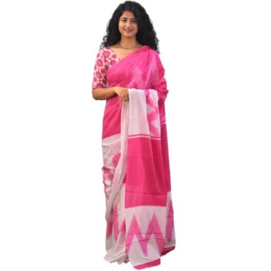 JALTHER Handicrafts Womens Ikat Hand Block Print Jaipuri Cotton Mulmul Saree with Blouse Piece - Pink_364