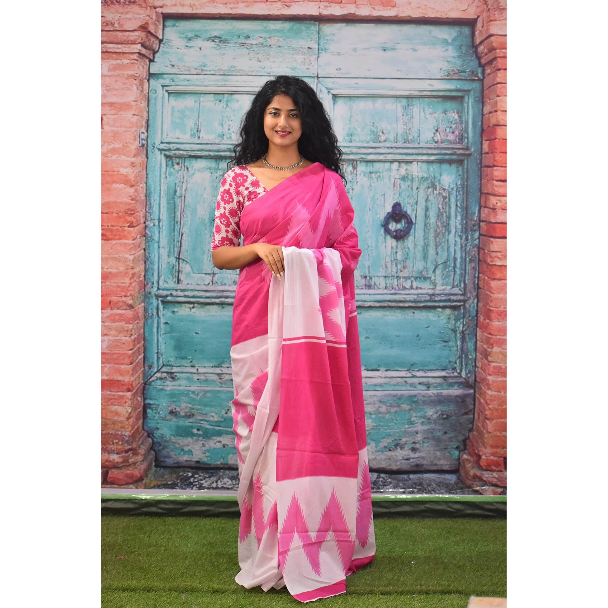 JALTHER Handicrafts Womens Ikat Hand Block Print Jaipuri Cotton Mulmul Saree with Blouse Piece - Pink_364