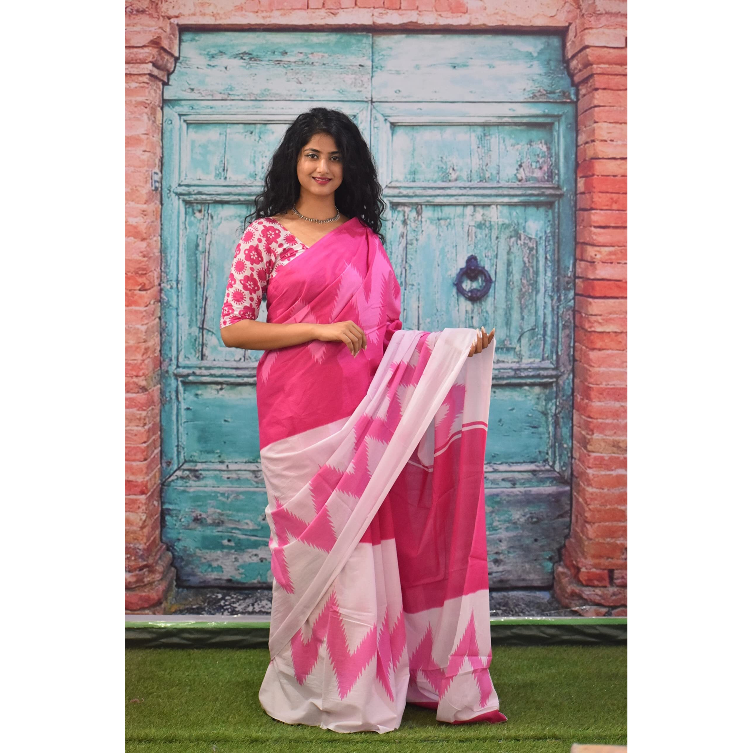 JALTHER Handicrafts Womens Ikat Hand Block Print Jaipuri Cotton Mulmul Saree with Blouse Piece - Pink_364