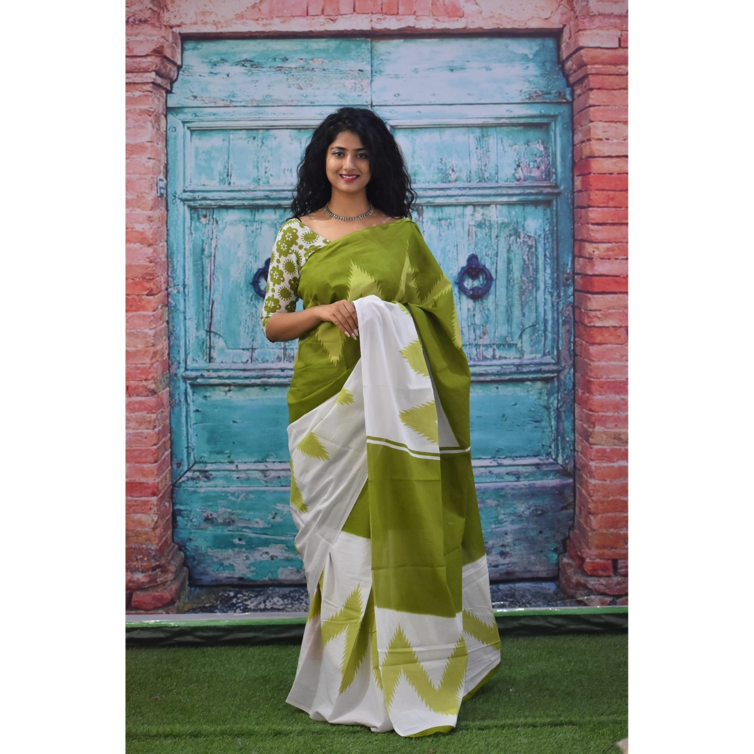 JALTHER Handicrafts Womens Ikat Hand Block Print Jaipuri Cotton Mulmul Saree with Blouse Piece - Green_363