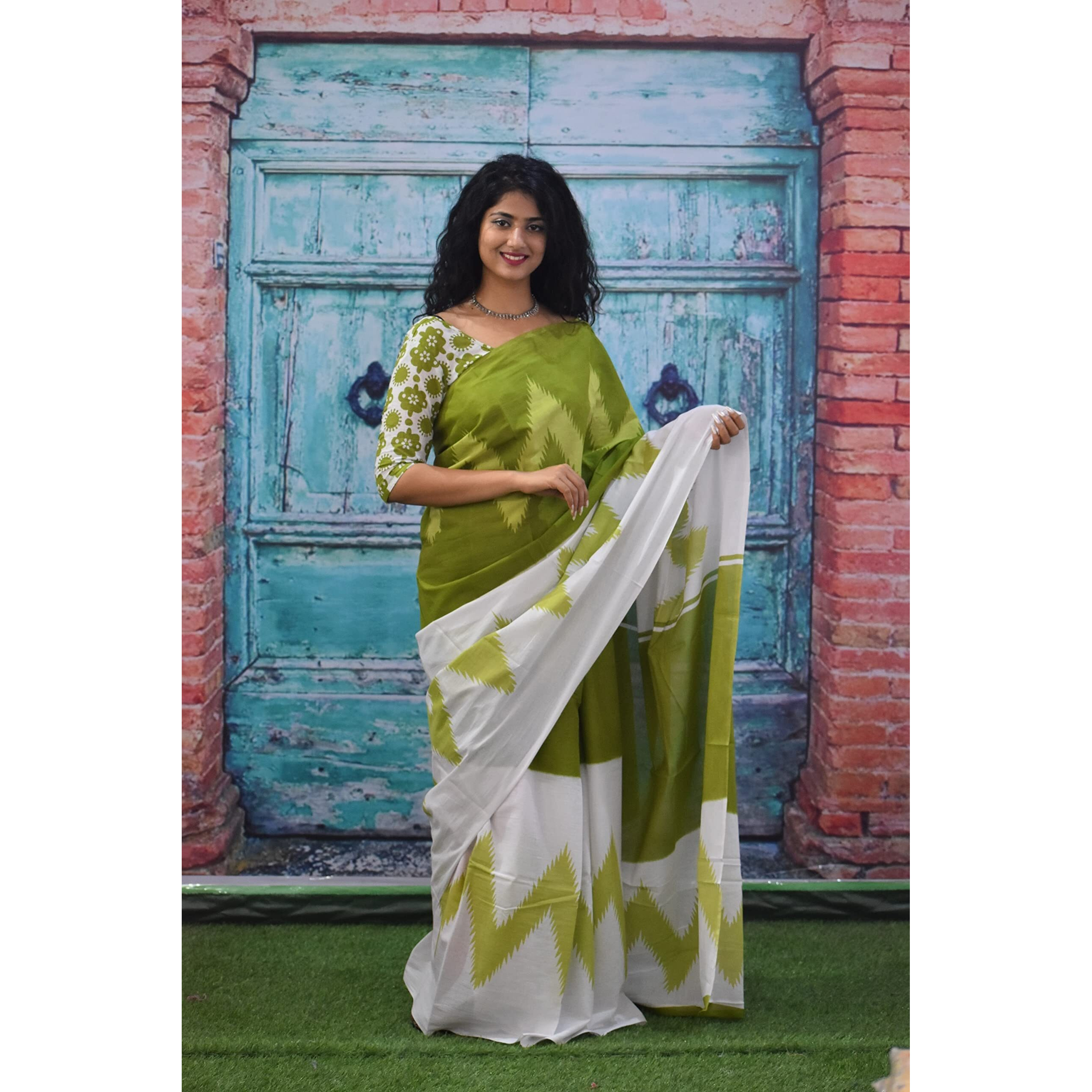 JALTHER Handicrafts Womens Ikat Hand Block Print Jaipuri Cotton Mulmul Saree with Blouse Piece - Green_363
