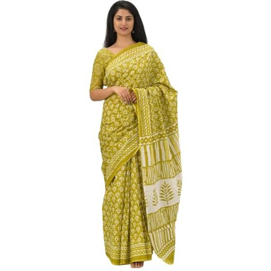 JALTHER Handicrafts Womens Ikat Hand Block Print Jaipuri Cotton Mulmul Saree with Blouse Piece -Green_39