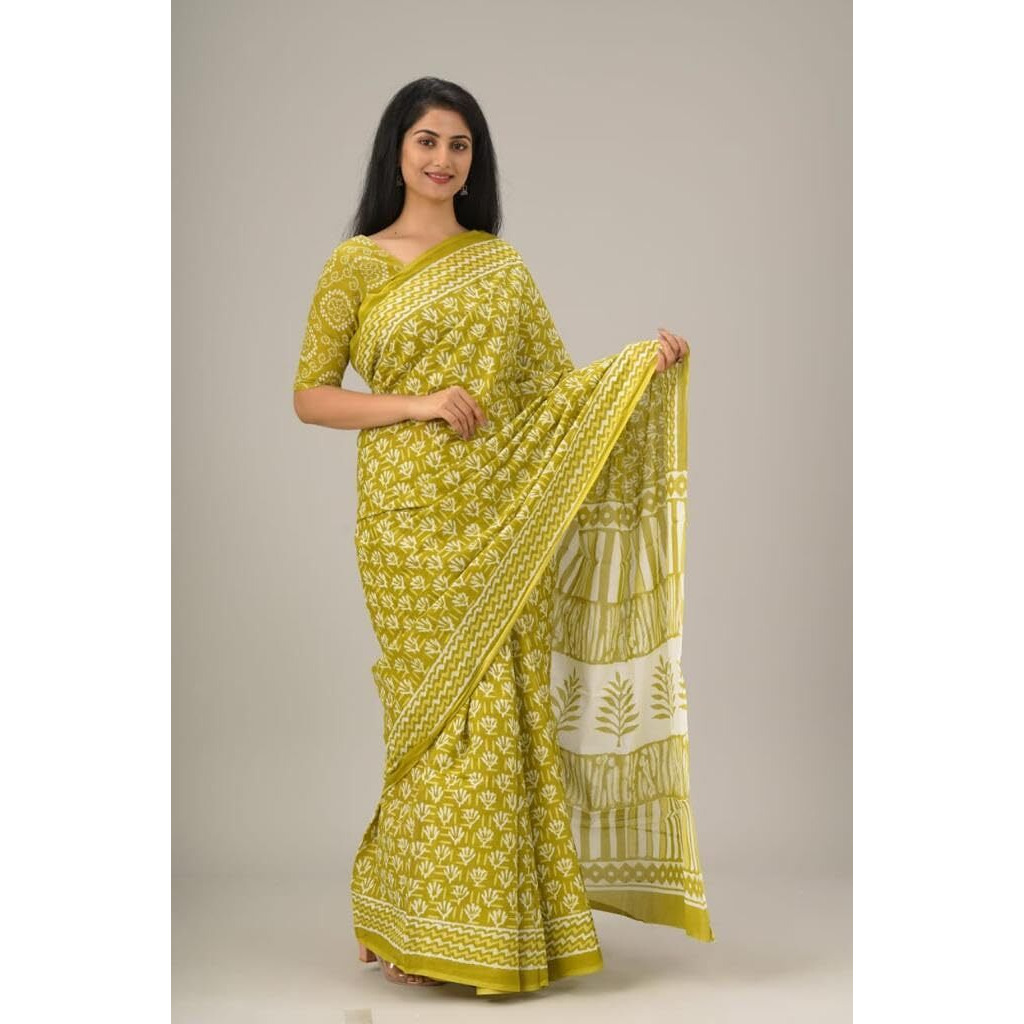 JALTHER Handicrafts Womens Ikat Hand Block Print Jaipuri Cotton Mulmul Saree with Blouse Piece -Green_39