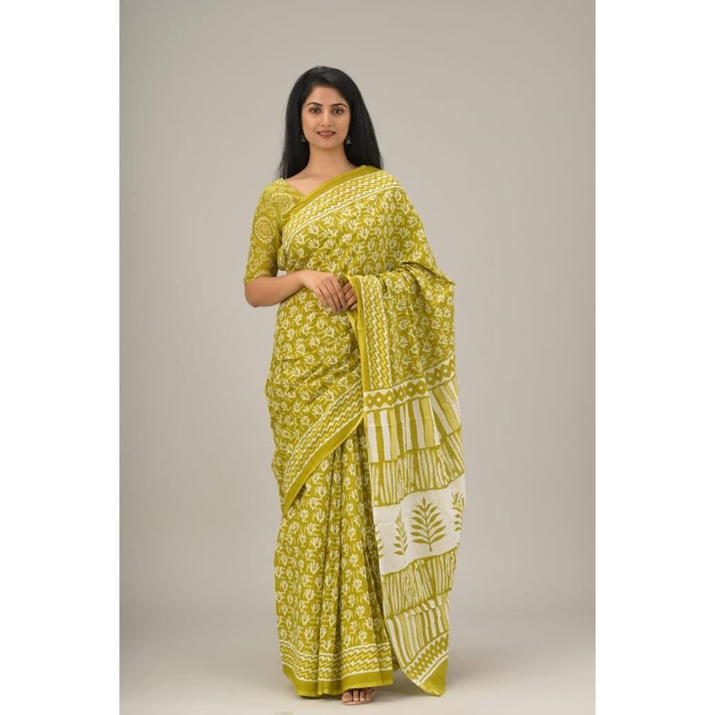 JALTHER Handicrafts Womens Ikat Hand Block Print Jaipuri Cotton Mulmul Saree with Blouse Piece -Green_39