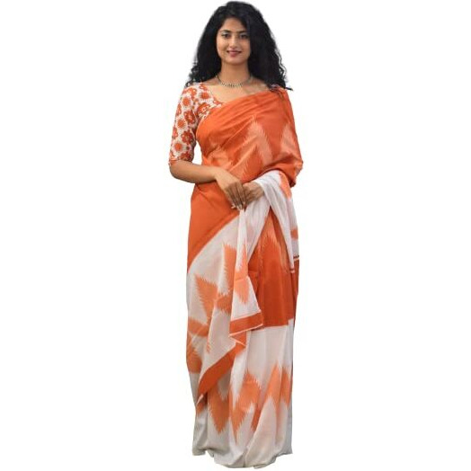 JALTHER Handicrafts Womens Ikat Hand Block Print Jaipuri Cotton Mulmul Saree with Blouse Piece - White_366