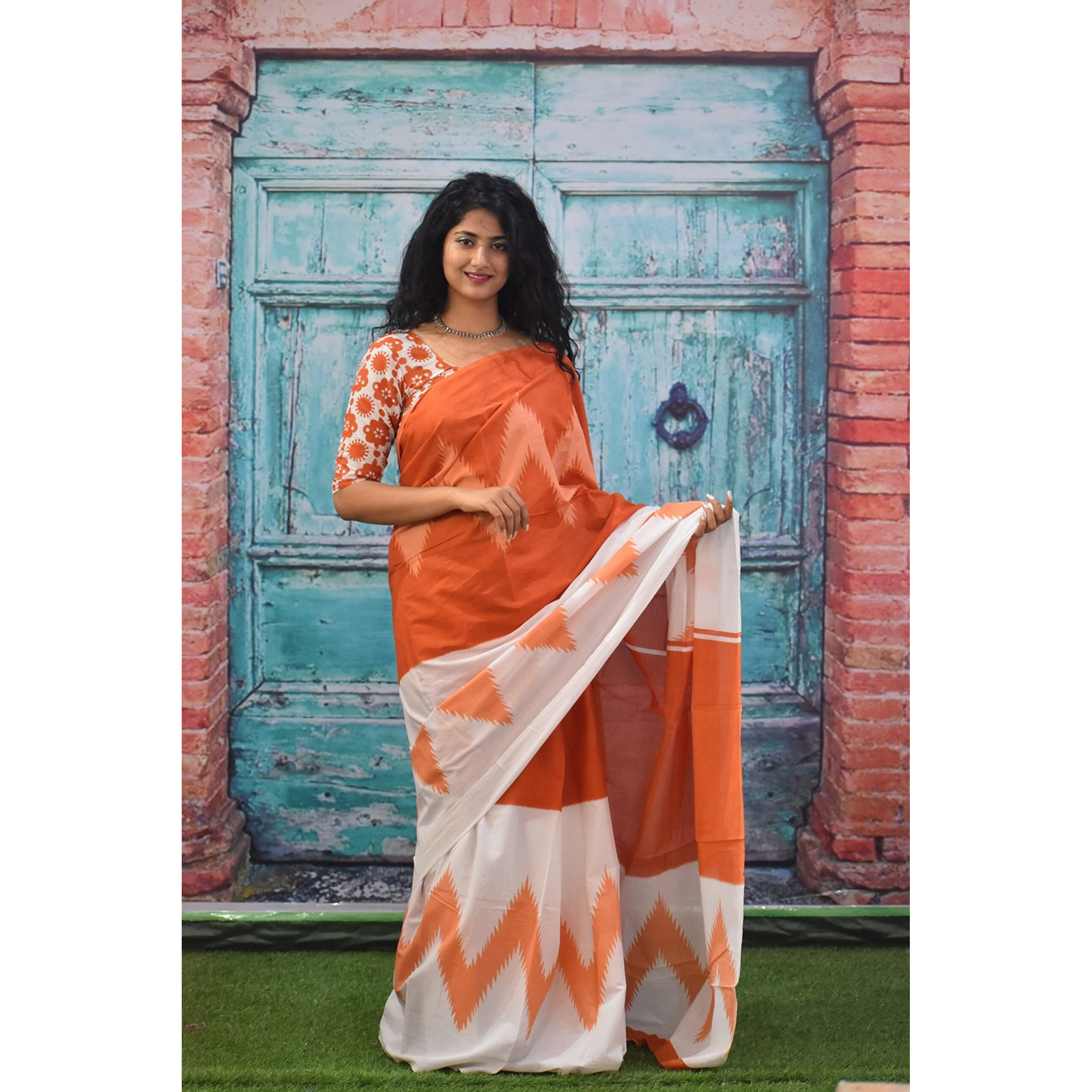 JALTHER Handicrafts Womens Ikat Hand Block Print Jaipuri Cotton Mulmul Saree with Blouse Piece - White_366