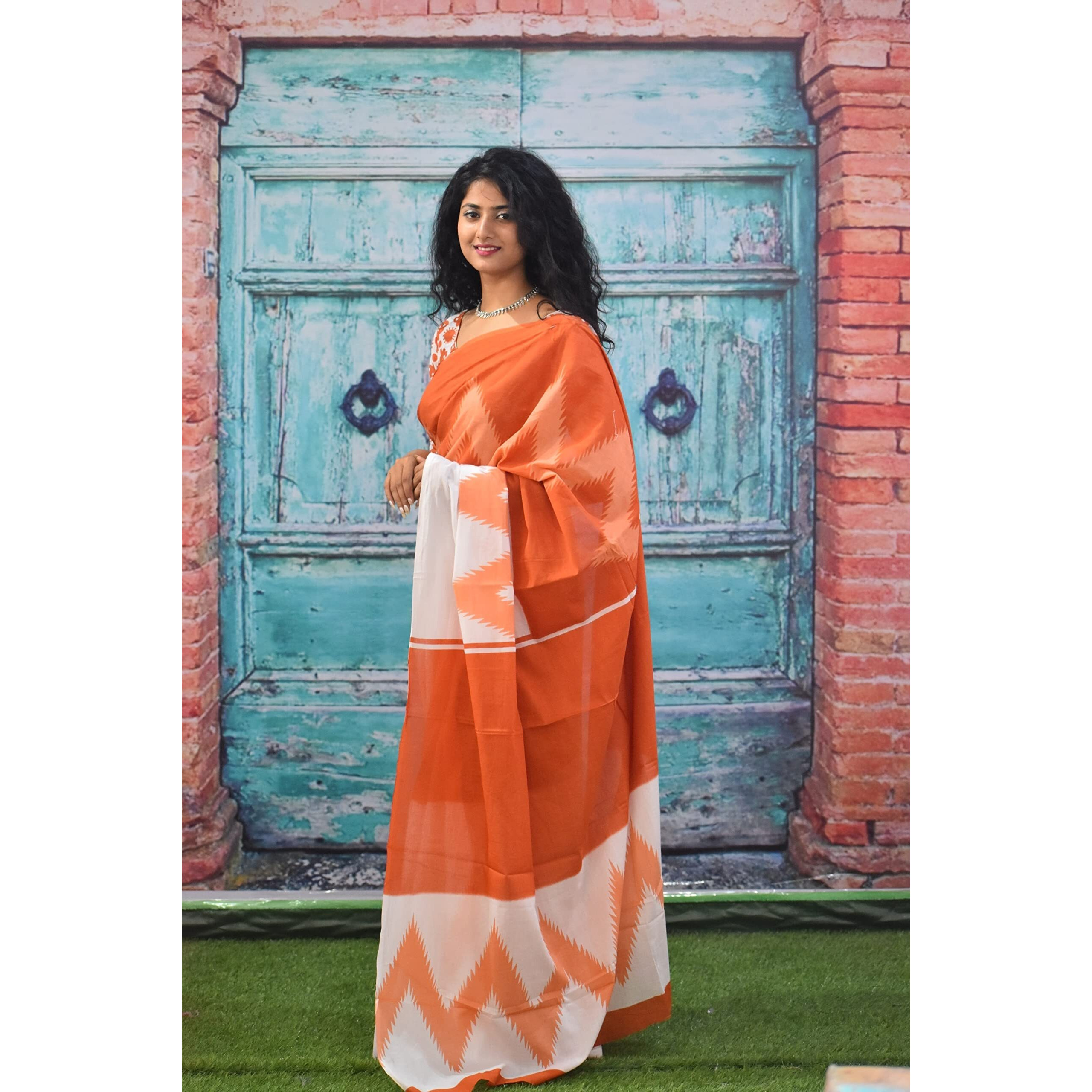 JALTHER Handicrafts Womens Ikat Hand Block Print Jaipuri Cotton Mulmul Saree with Blouse Piece - White_366