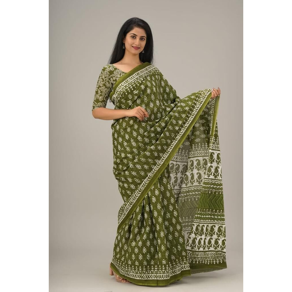 JALTHER Handicrafts Womens Ikat Hand Block Print Jaipuri Cotton Mulmul Saree with Blouse Piece - Green_42