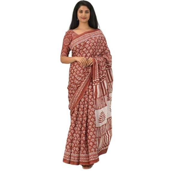 JALTHER Handicrafts Womens Ikat Hand Block Print Jaipuri Cotton Mulmul Saree with Blouse Piece - Multi_44