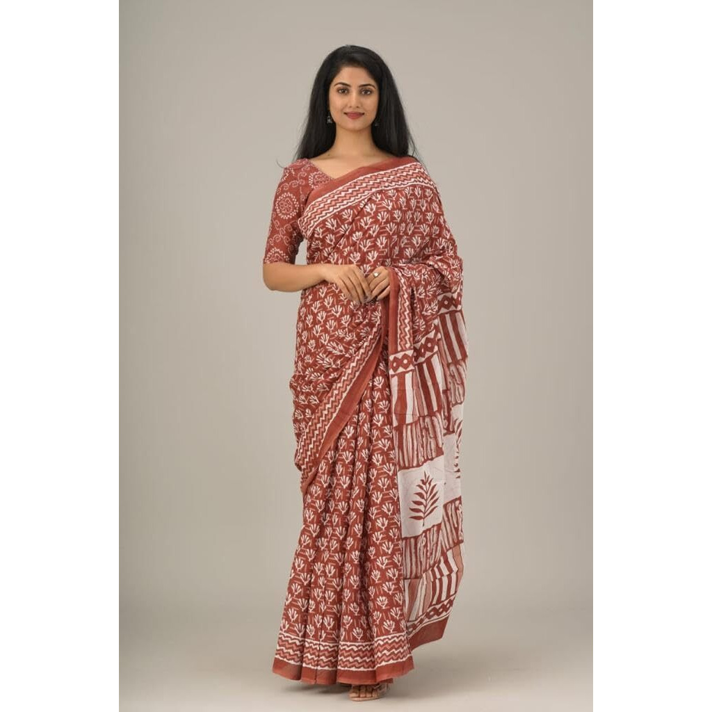 JALTHER Handicrafts Womens Ikat Hand Block Print Jaipuri Cotton Mulmul Saree with Blouse Piece - Multi_44