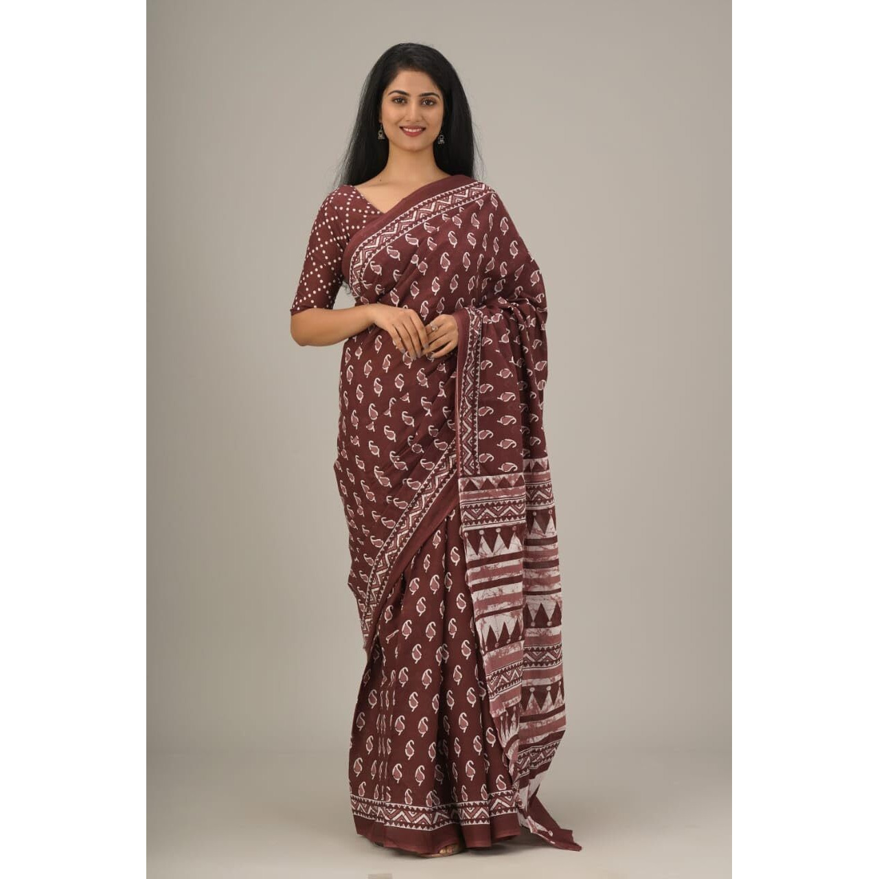 JALTHER Handicrafts Womens Ikat Hand Block Print Jaipuri Cotton Mulmul Saree with Blouse Piece - Maroon_30