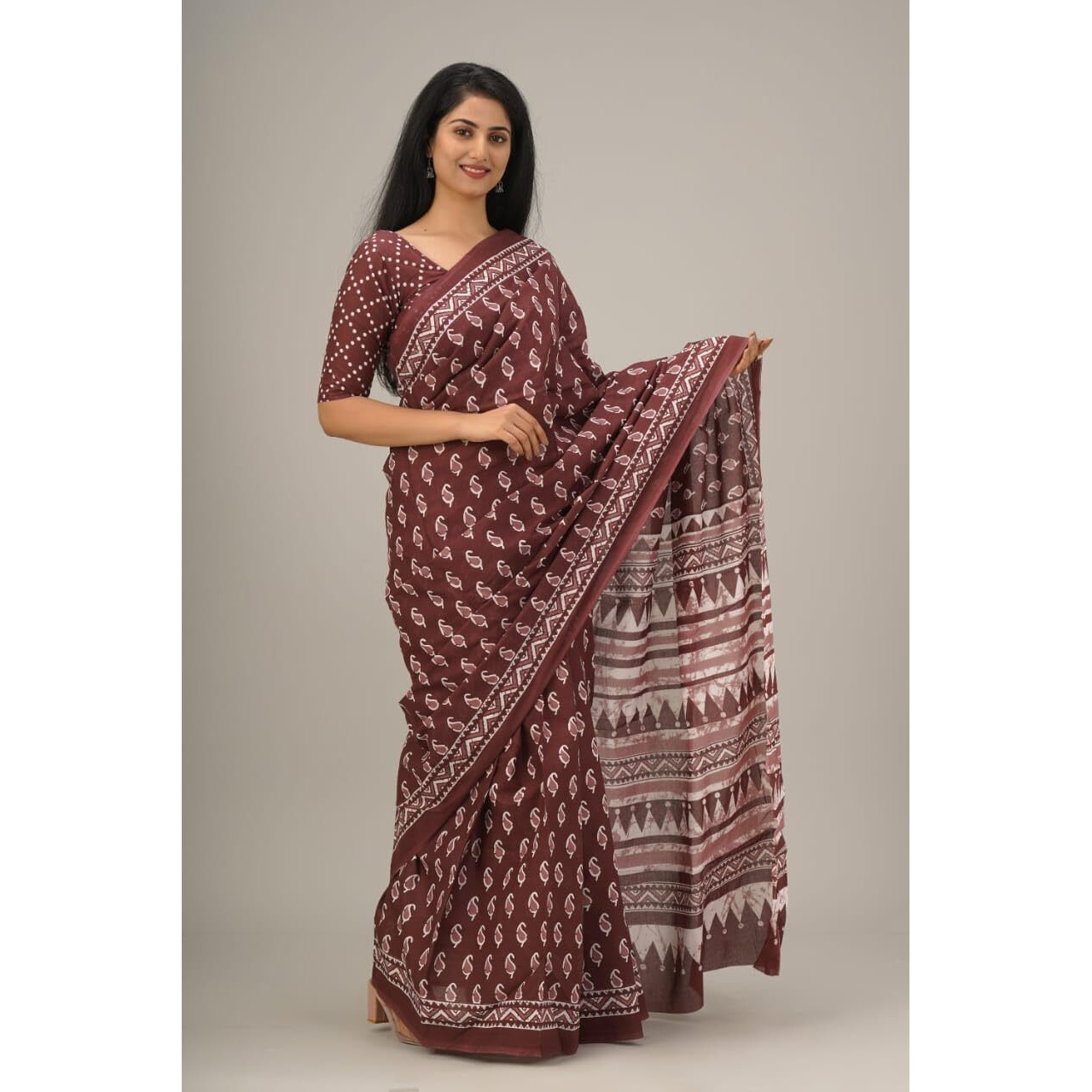 JALTHER Handicrafts Womens Ikat Hand Block Print Jaipuri Cotton Mulmul Saree with Blouse Piece - Maroon_30