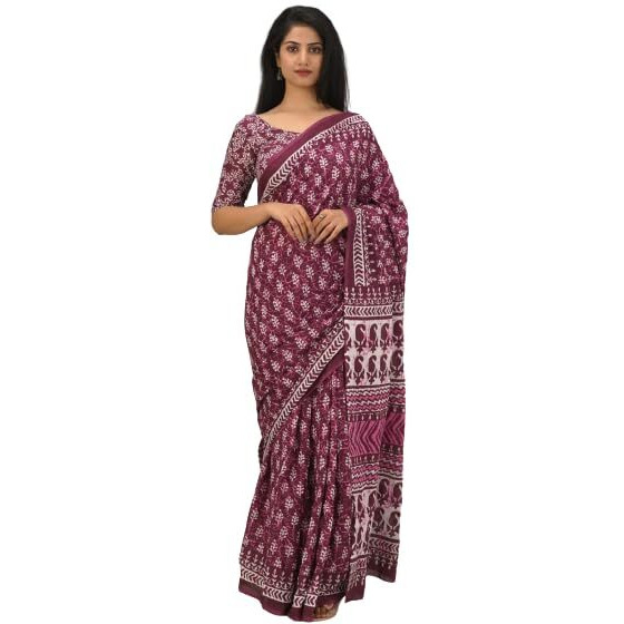 JALTHER Handicrafts Womens Ikat Hand Block Print Jaipuri Cotton Mulmul Saree with Blouse Piece -Purple_31