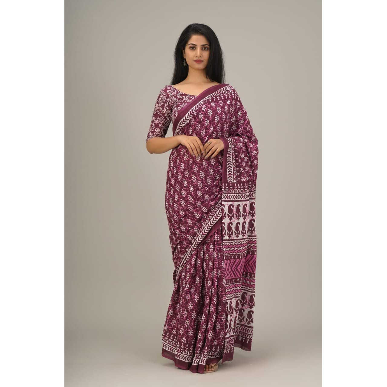 JALTHER Handicrafts Womens Ikat Hand Block Print Jaipuri Cotton Mulmul Saree with Blouse Piece -Purple_31