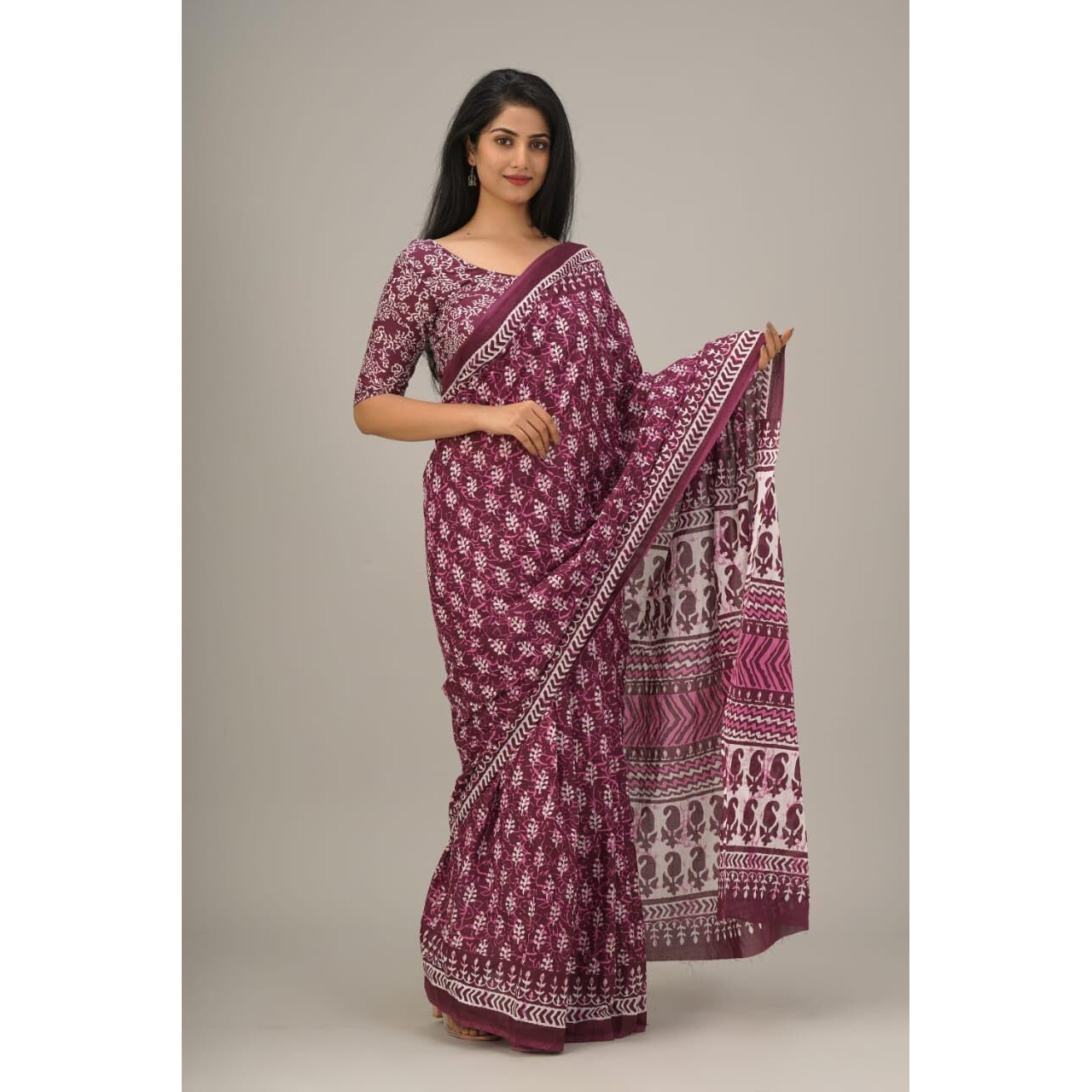 JALTHER Handicrafts Womens Ikat Hand Block Print Jaipuri Cotton Mulmul Saree with Blouse Piece -Purple_31