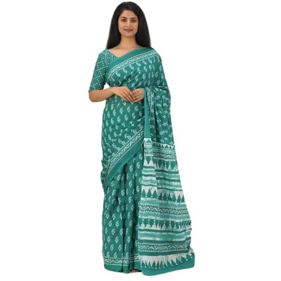 JALTHER Handicrafts Womens Ikat Hand Block Print Jaipuri Cotton Mulmul Saree with Blouse Piece -Green_41