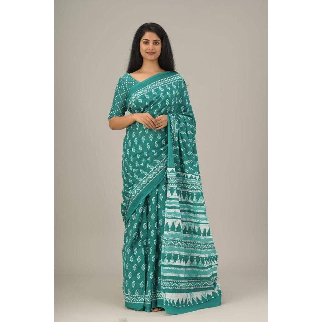 JALTHER Handicrafts Womens Ikat Hand Block Print Jaipuri Cotton Mulmul Saree with Blouse Piece -Green_41