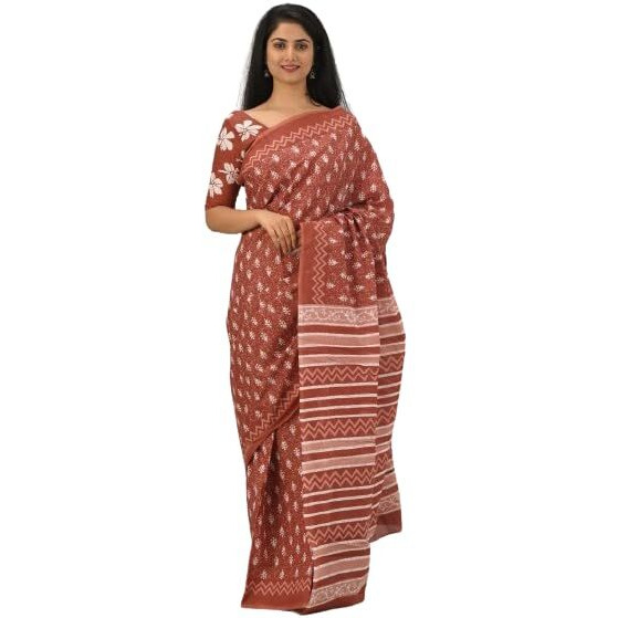 JALTHER Handicrafts Womens Ikat Hand Block Print Jaipuri Cotton Mulmul Saree with Blouse Piece -Red_42