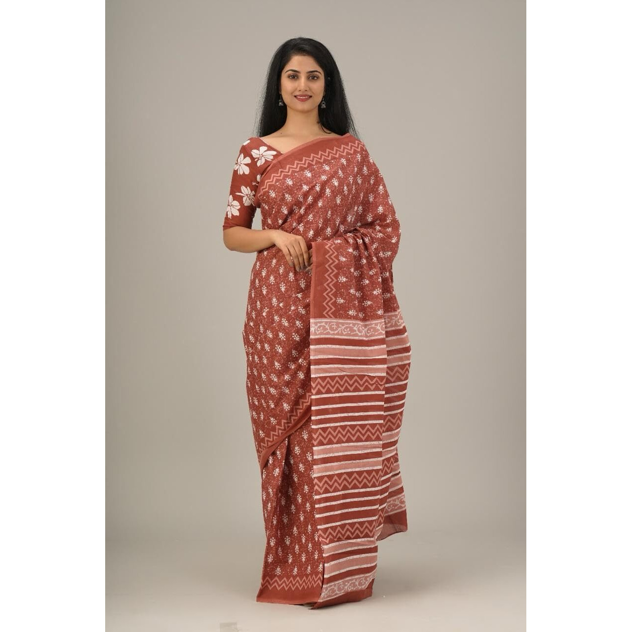 JALTHER Handicrafts Womens Ikat Hand Block Print Jaipuri Cotton Mulmul Saree with Blouse Piece -Red_42