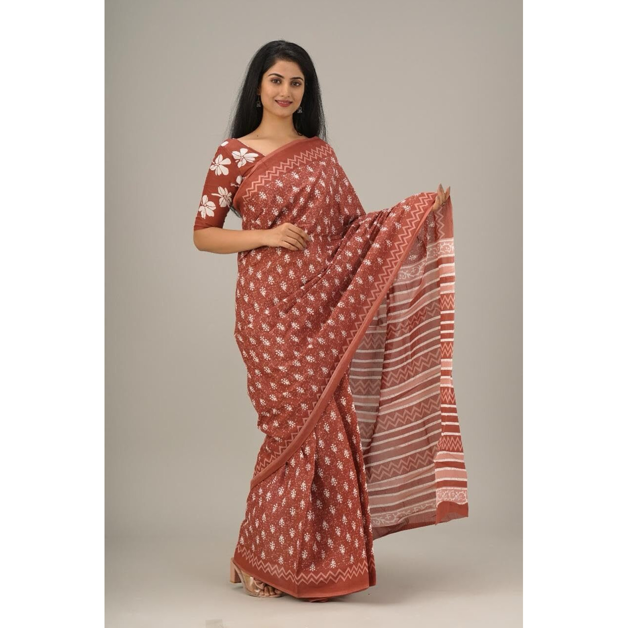 JALTHER Handicrafts Womens Ikat Hand Block Print Jaipuri Cotton Mulmul Saree with Blouse Piece -Red_42