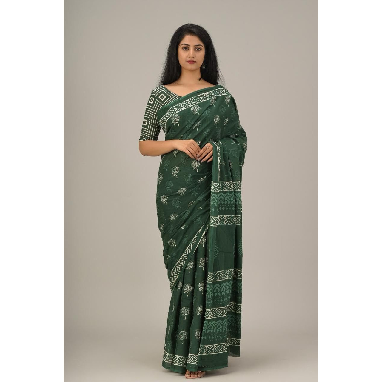 JALTHER Handicrafts Womens Ikat Hand Block Print Jaipuri Cotton Mulmul Saree with Blouse Piece - Green_38