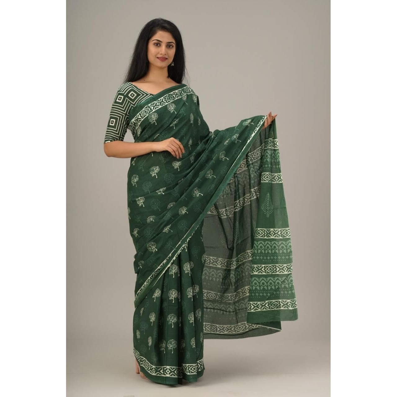 JALTHER Handicrafts Womens Ikat Hand Block Print Jaipuri Cotton Mulmul Saree with Blouse Piece - Green_38