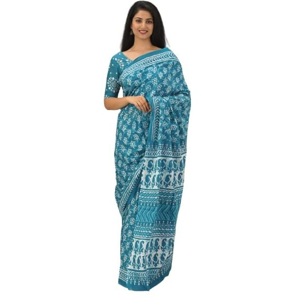 JALTHER Handicrafts Womens Ikat Hand Block Print Jaipuri Cotton Mulmul Saree with Blouse Piece - Turquiose_28