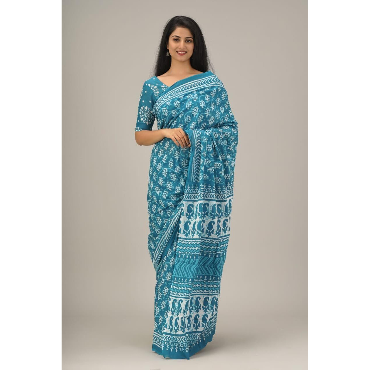 JALTHER Handicrafts Womens Ikat Hand Block Print Jaipuri Cotton Mulmul Saree with Blouse Piece - Turquiose_28