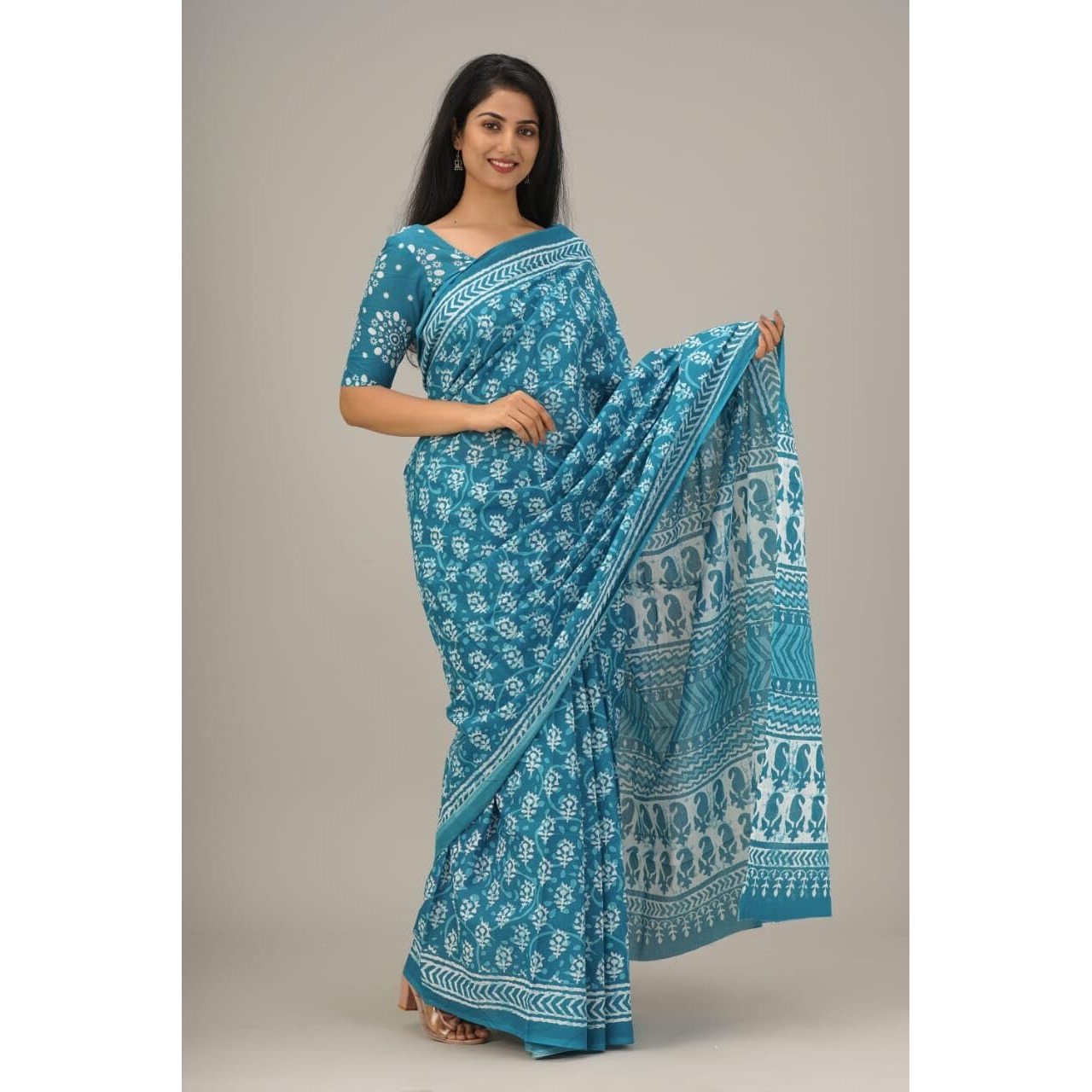 JALTHER Handicrafts Womens Ikat Hand Block Print Jaipuri Cotton Mulmul Saree with Blouse Piece - Turquiose_28