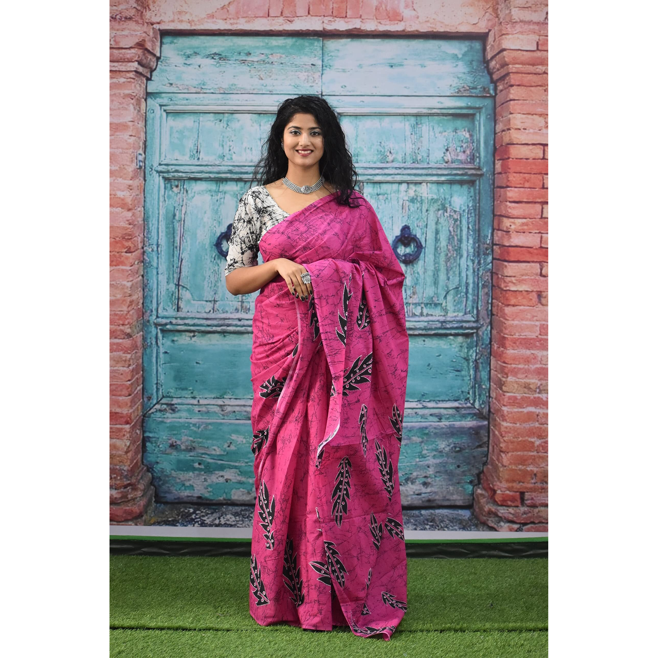 JALTHER Handicrafts Womens Ikat Hand Block Print Jaipuri Cotton Mulmul Saree with Blouse Piece - Pink_361