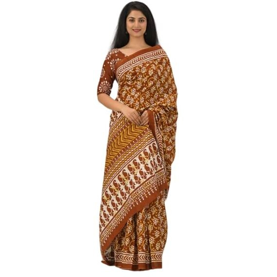 JALTHER Handicrafts Womens Ikat Hand Block Print Jaipuri Cotton Mulmul Saree with Blouse Piece - Brown_43