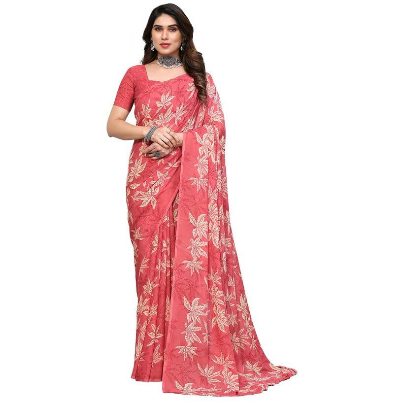 SAMAH Womens Georgette Floral Printed Saree with Unstitched Blouse Piece (3290S137N_Rose Pink)
