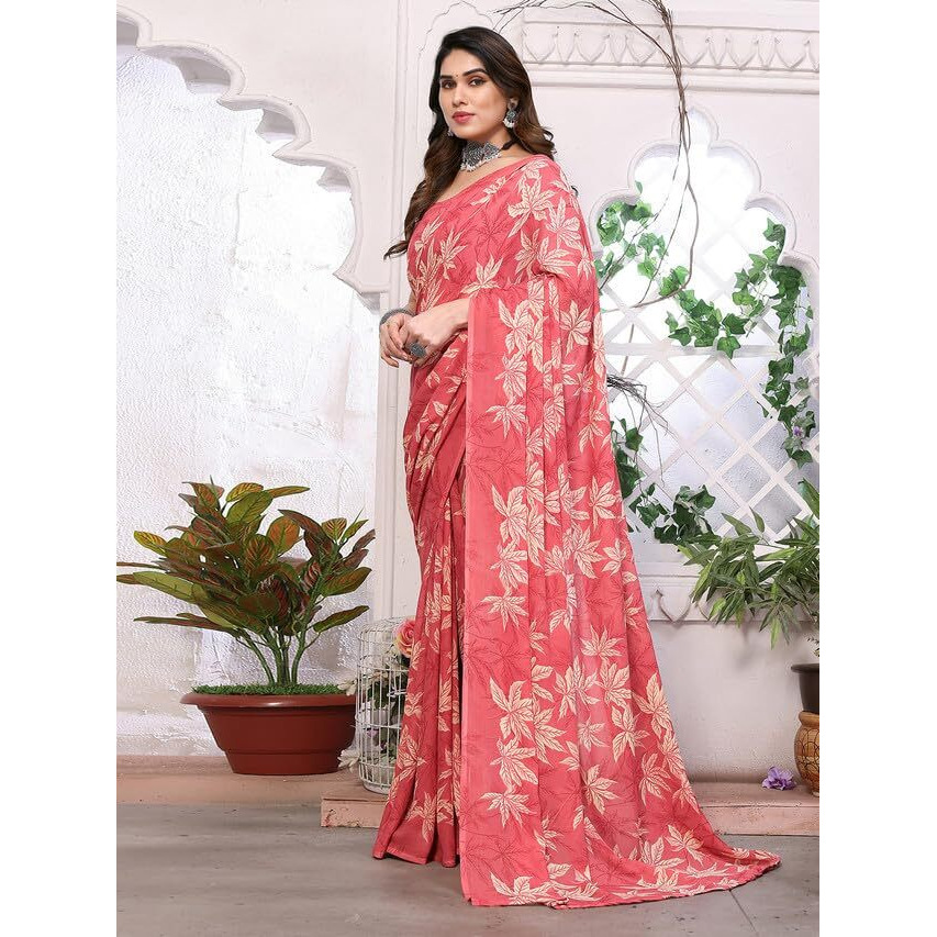 SAMAH Womens Georgette Floral Printed Saree with Unstitched Blouse Piece (3290S137N_Rose Pink)