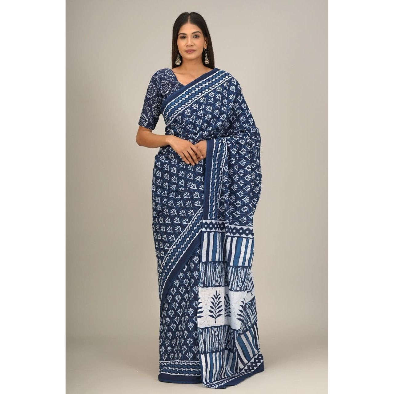 JALTHER Handicrafts Womens Ikat Hand Block Print Jaipuri Cotton Mulmul Saree with Blouse Piece - Blue_41