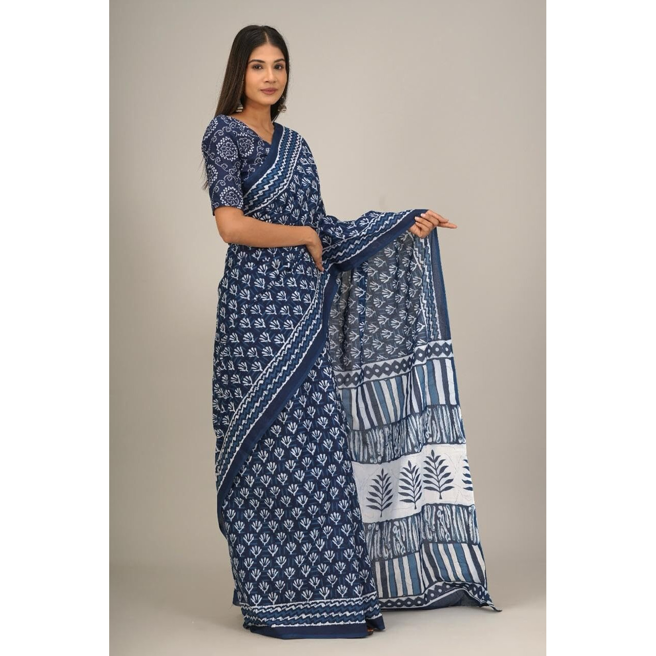 JALTHER Handicrafts Womens Ikat Hand Block Print Jaipuri Cotton Mulmul Saree with Blouse Piece - Blue_41
