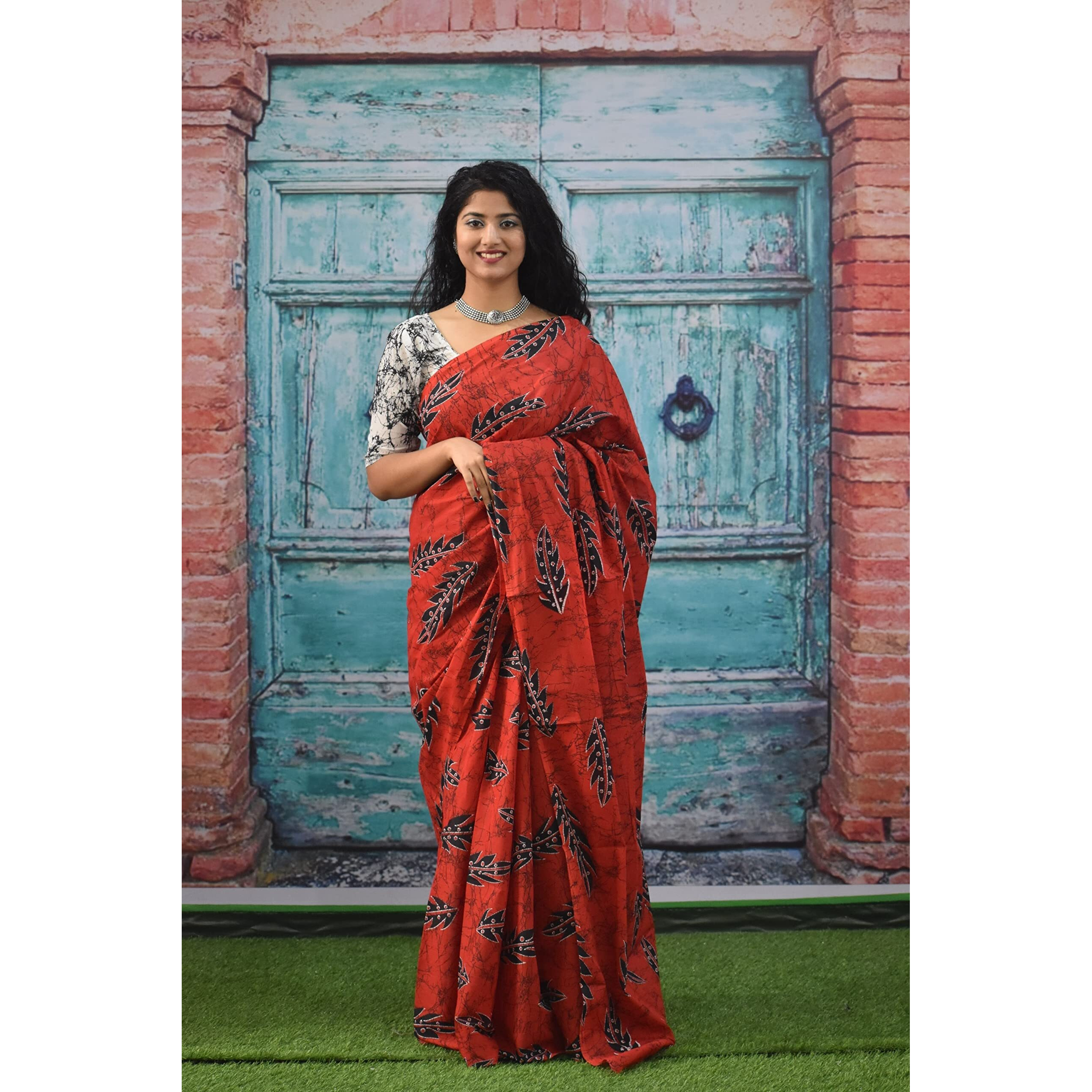 JALTHER Handicrafts Womens Ikat Hand Block Print Jaipuri Cotton Mulmul Saree with Blouse Piece - Red_362
