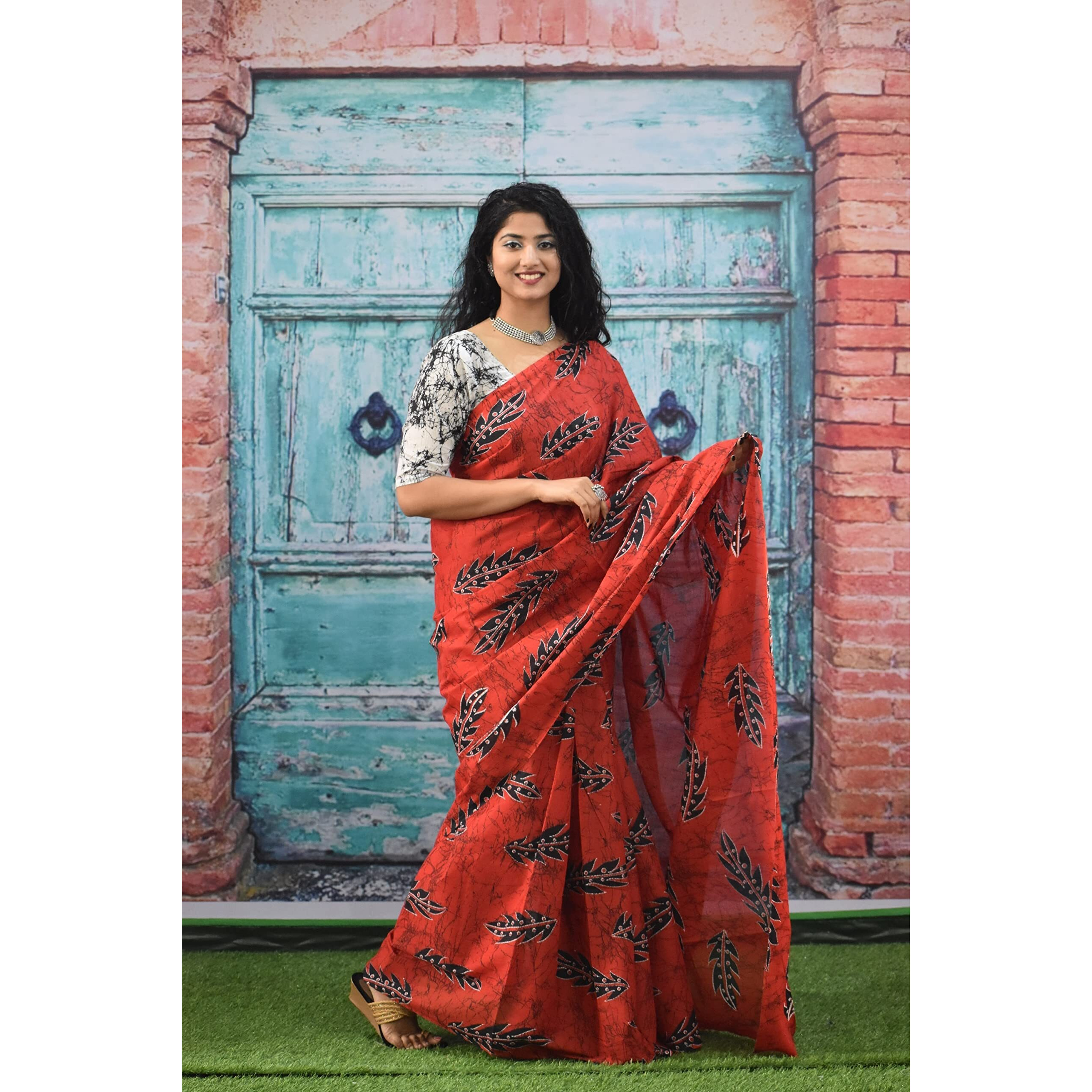 JALTHER Handicrafts Womens Ikat Hand Block Print Jaipuri Cotton Mulmul Saree with Blouse Piece - Red_362