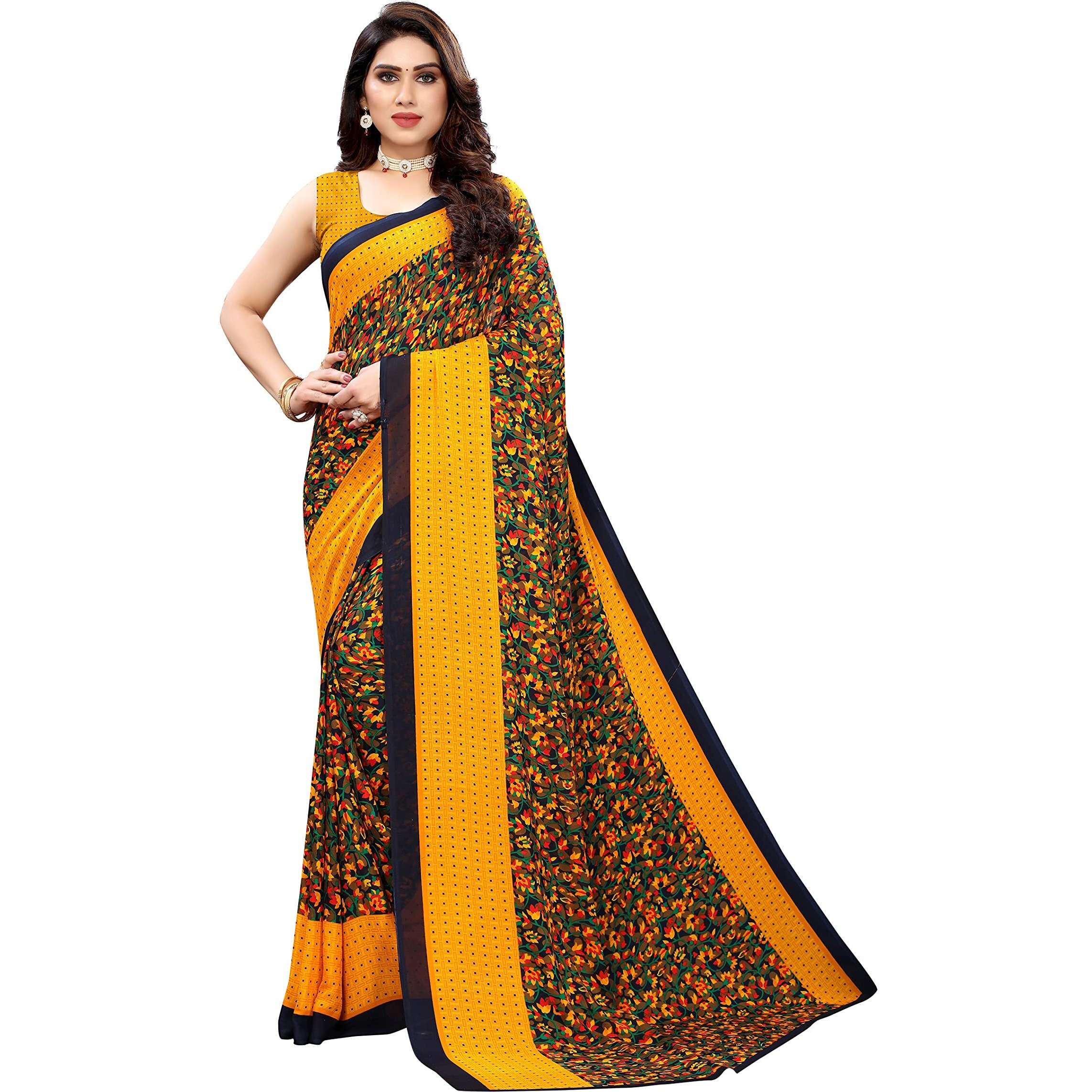 Yashika Womens Jacquard Georgette Standard Length Saree (Namrata Yellow)