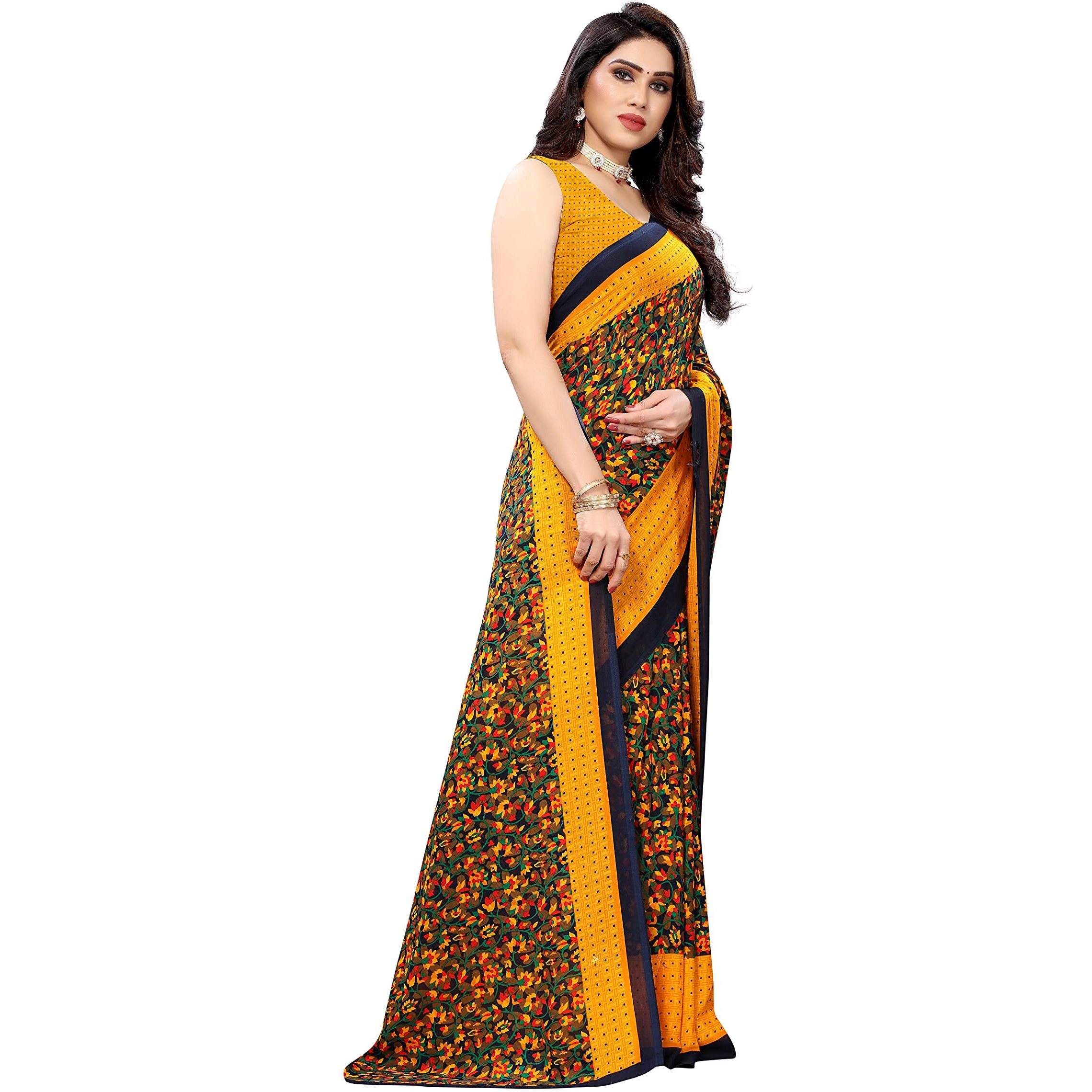 Yashika Womens Jacquard Georgette Standard Length Saree (Namrata Yellow)