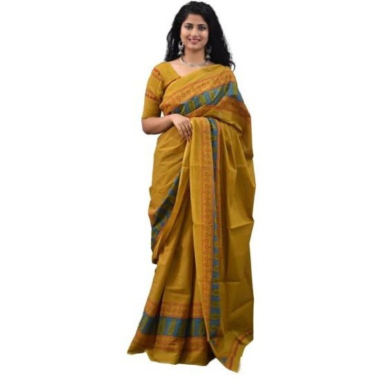 JALTHER Handicrafts Womens Ikat Hand Block Print Jaipuri Cotton Mulmul Saree with Blouse Piece - Mustred