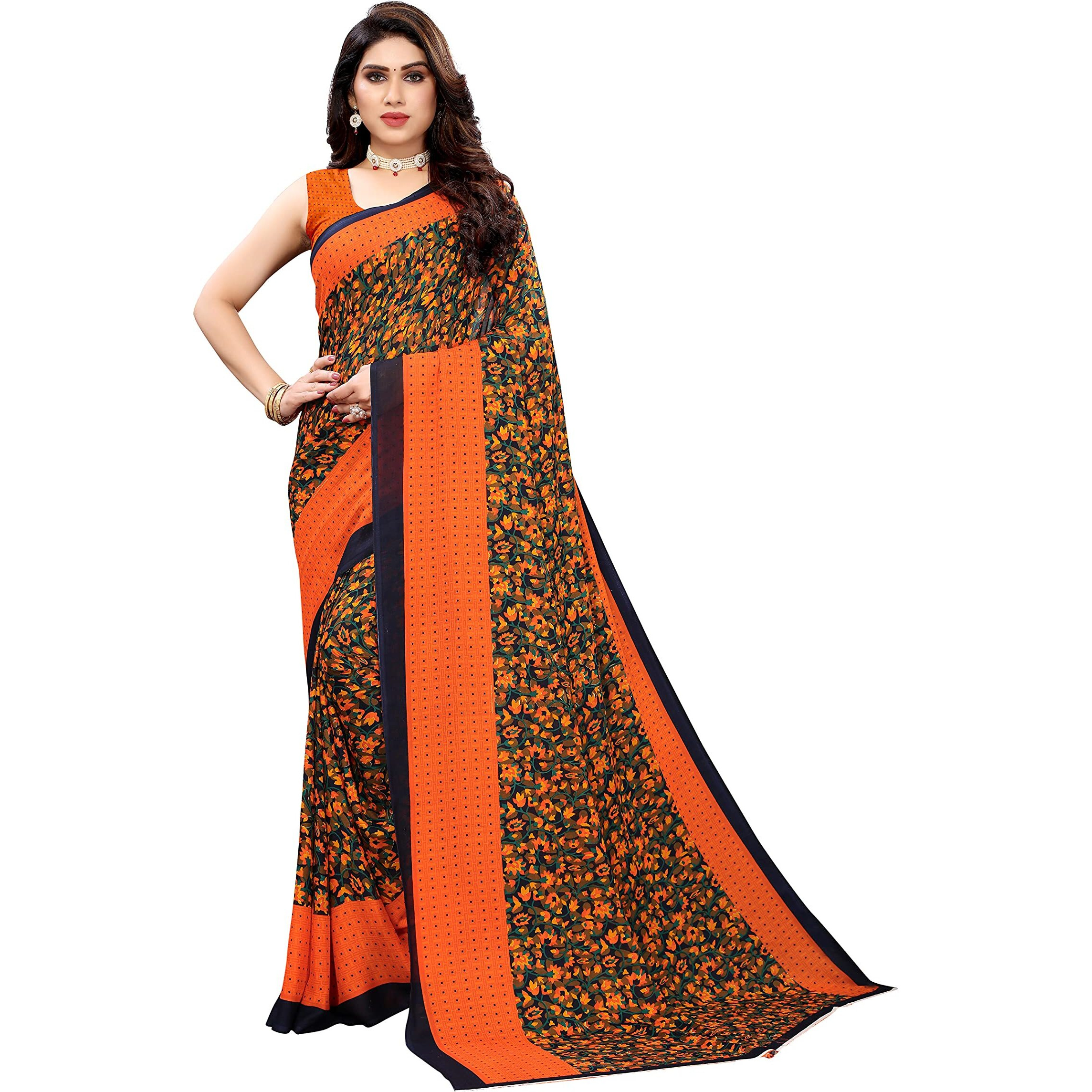 Yashika Womens Jacquard Georgette Standard Length Saree (Namrata Orange)