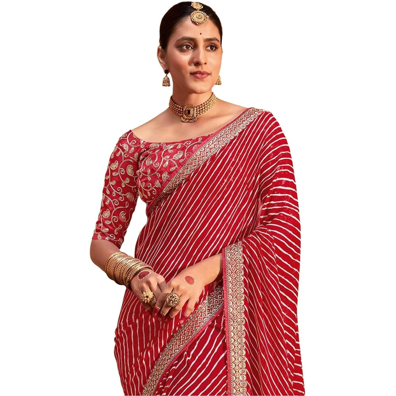 SIRIL Womens Leheriya Printed Georgette Saree with Unstitched Blouse Piece (2555S282_Red)