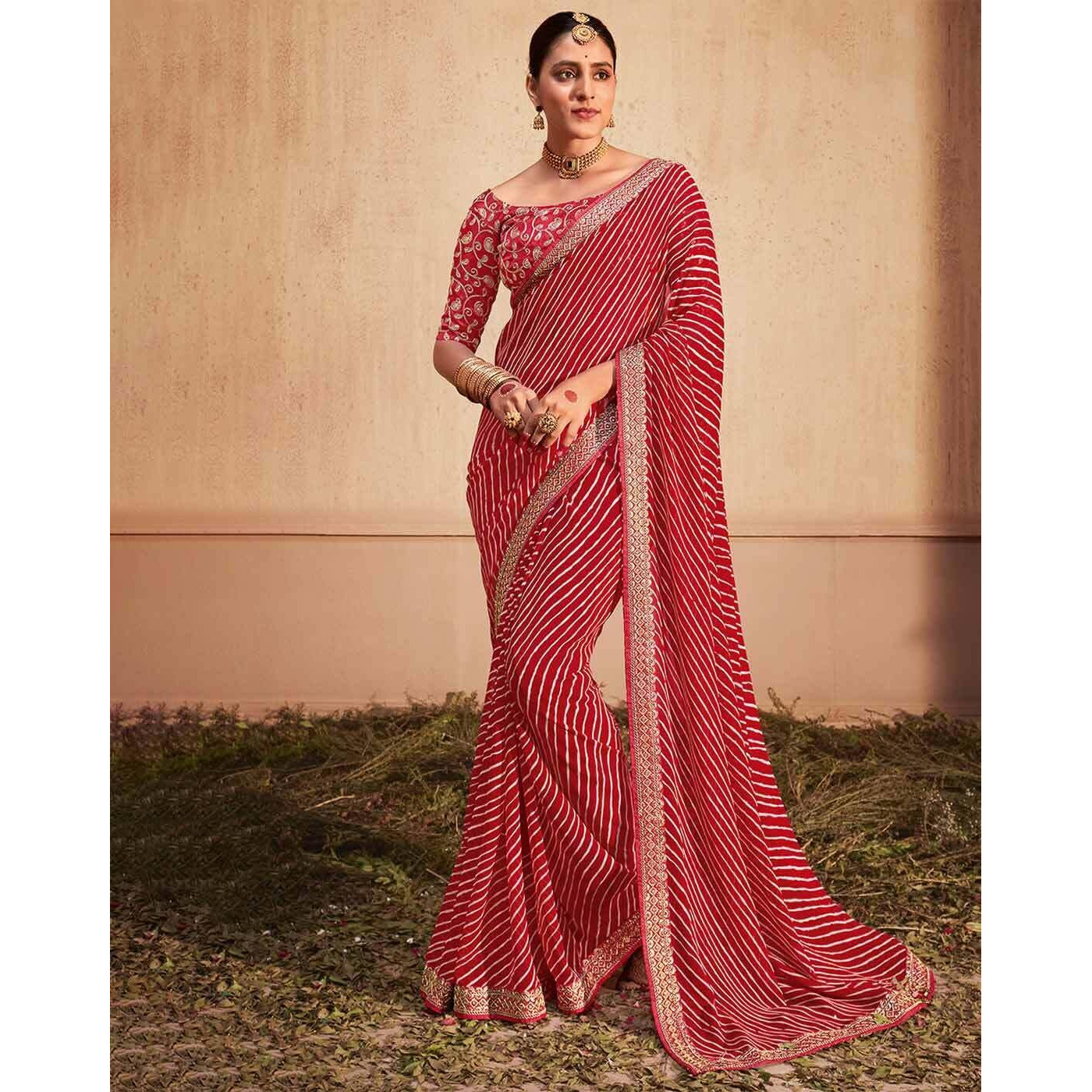 SIRIL Womens Leheriya Printed Georgette Saree with Unstitched Blouse Piece (2555S282_Red)