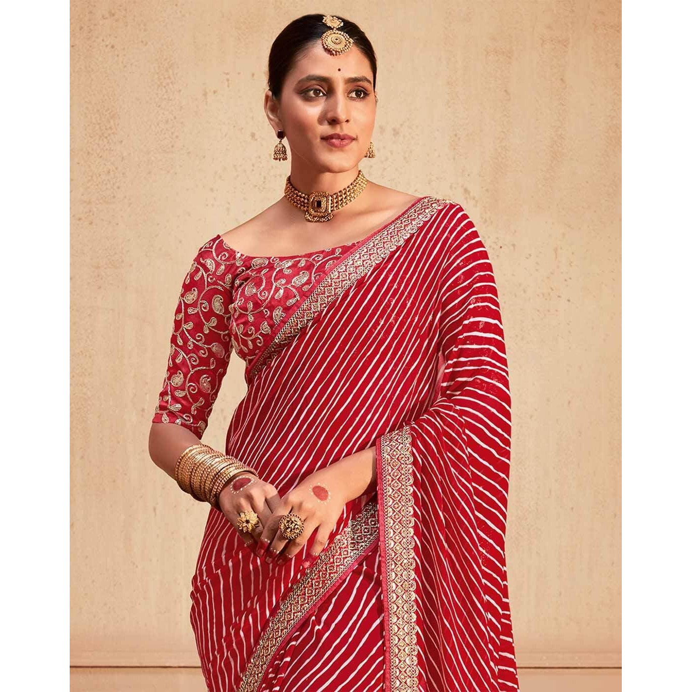 SIRIL Womens Leheriya Printed Georgette Saree with Unstitched Blouse Piece (2555S282_Red)