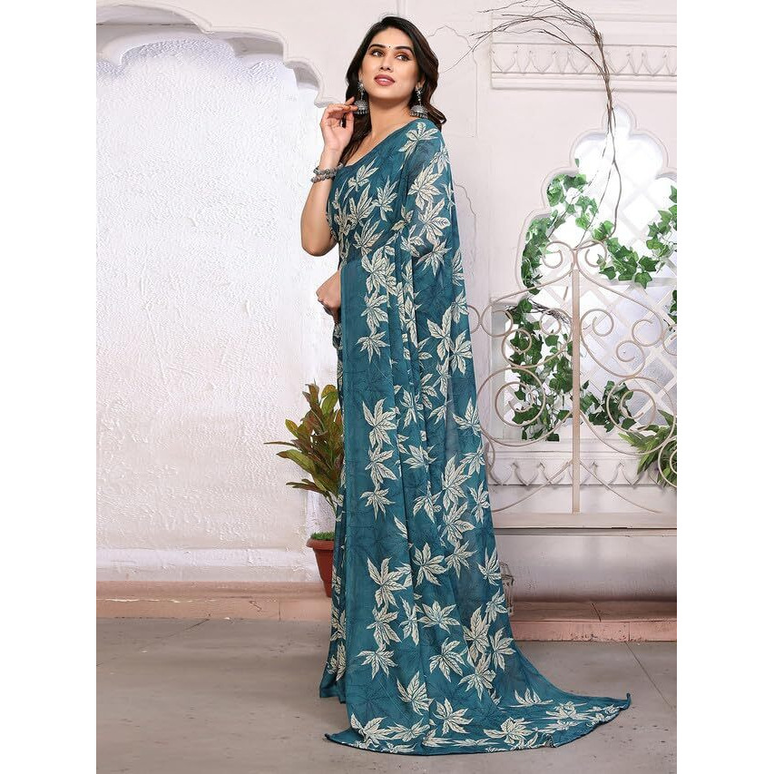 SAMAH Womens Georgette Floral Printed Saree with Unstitched Blouse Piece (3290S135N_Teal)